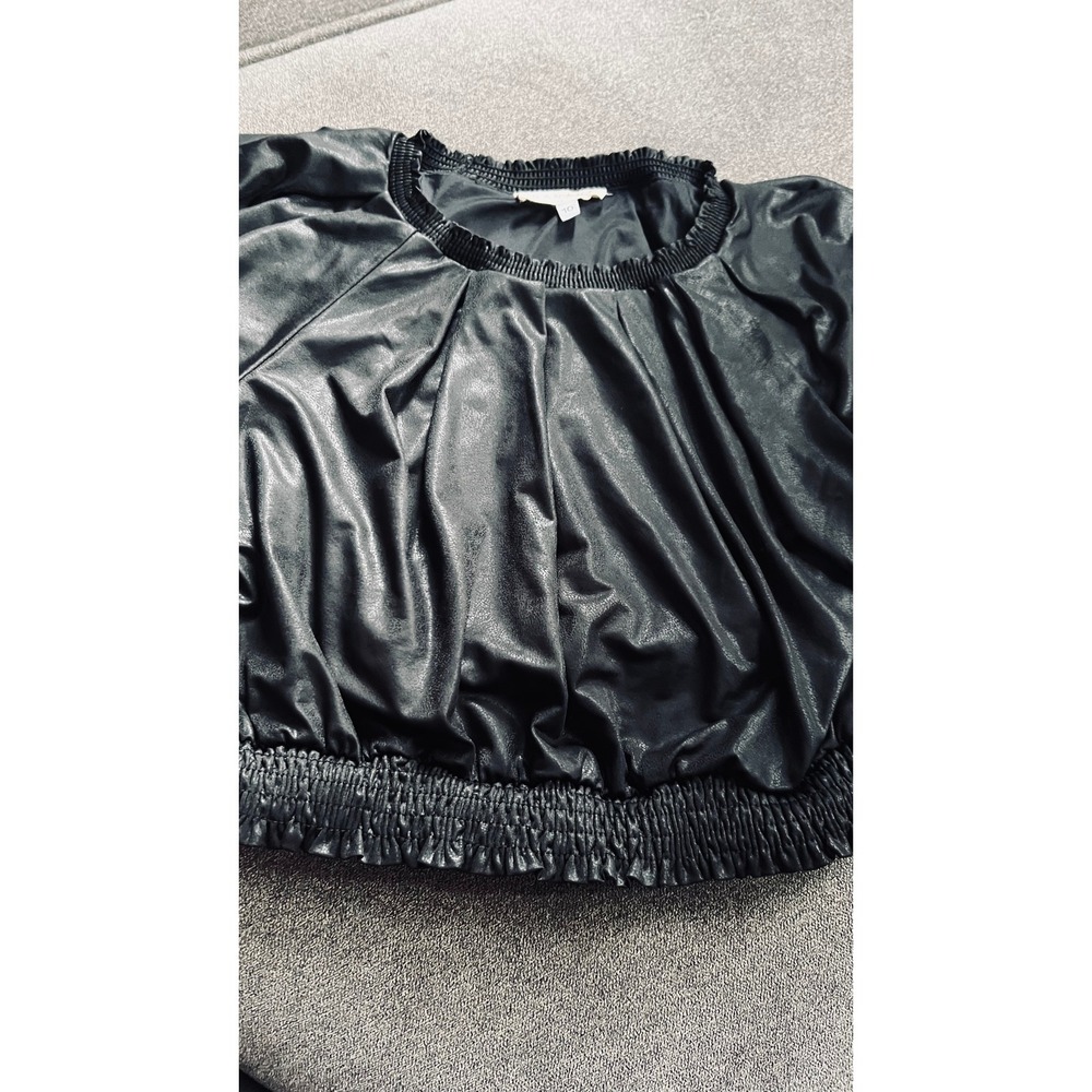 Hannah Banana Faux Leather Blouse Girls Size 10 Black Smocked Hem Short Sleeve